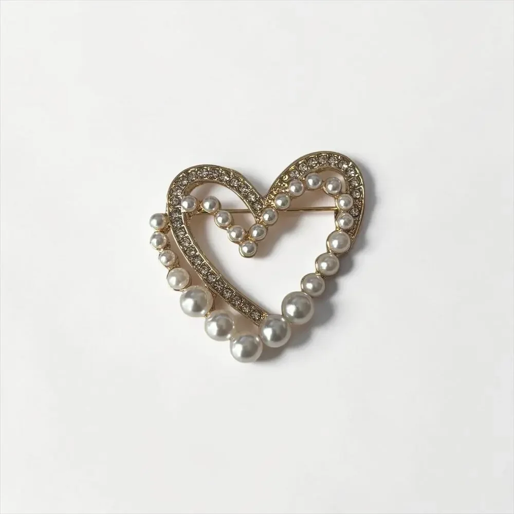 Gold Pearl & Rhinestone Heart Brooch